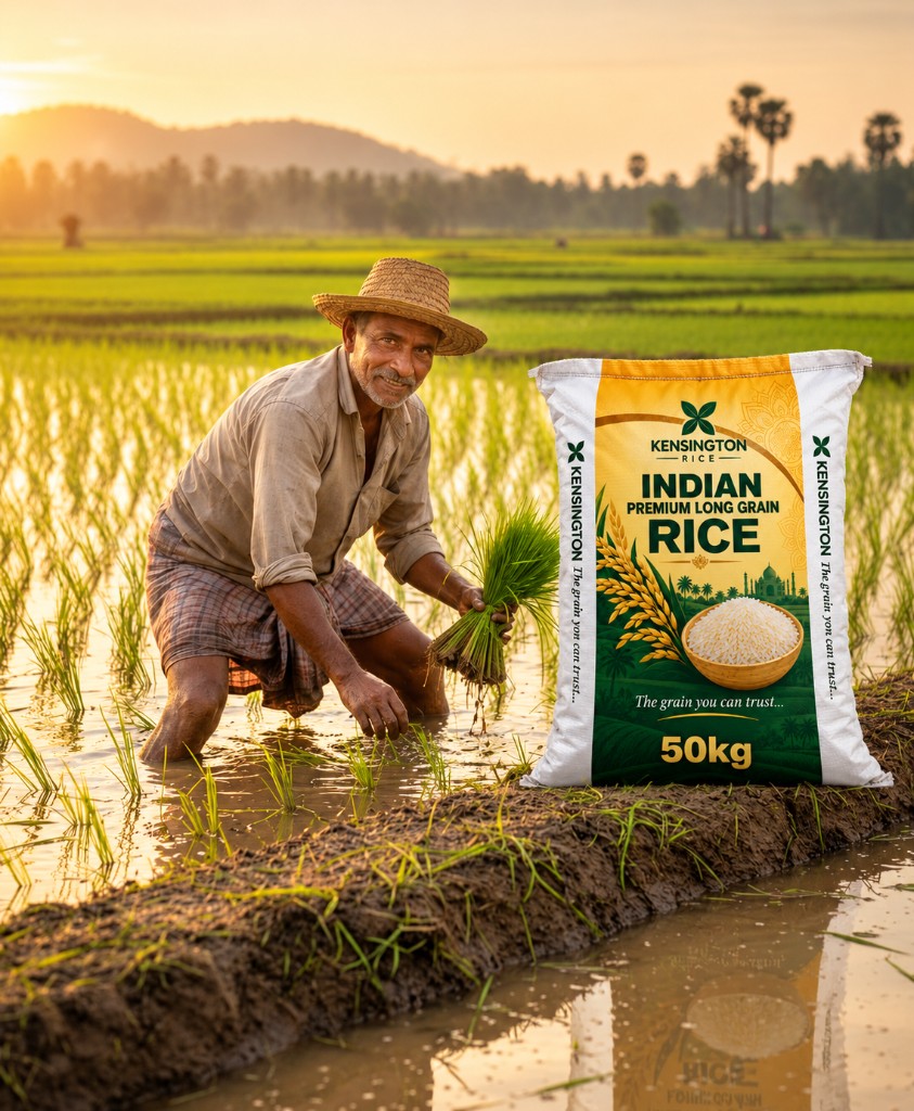 Indian farmer with a 50kg bag of Kensington Indian Premium Long Grain Rice standing in a sunlit rice paddy