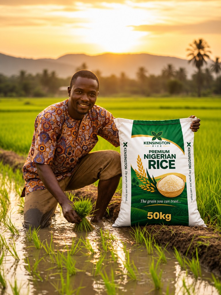 Nigerian farmer holding a 50kg bag of Kensington Premium Nigerian Rice in a flooded rice paddy at golden hour