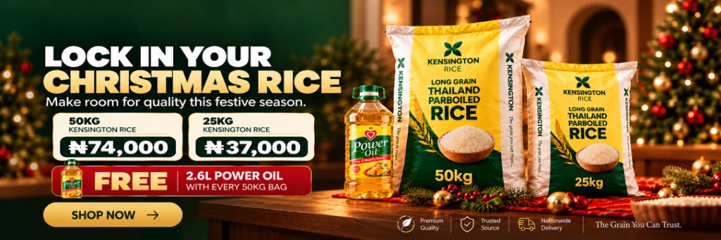 Lock in your Christmas rice. 50kg at ₦74,000 and 25kg at ₦37,000, with a free 2.6 litre Power Oil on every 50kg bag.